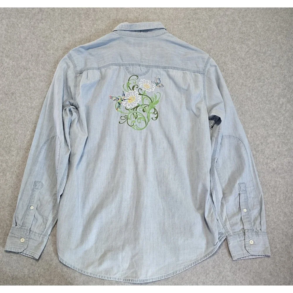 Free‎ Assembly Button Down Shirt Womens L Blue Floral Embroidered Cottagecore